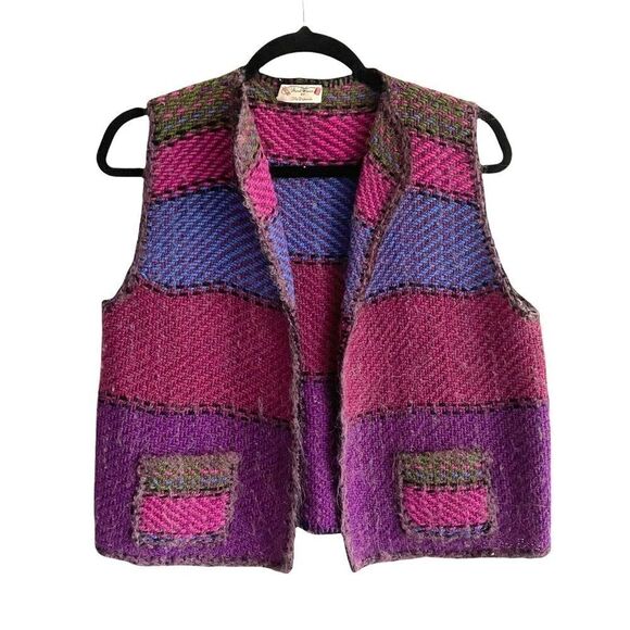 HAND WOVEN Sleeveless Open Cardigan Vest Purple Pink S/M - Picture 1 of 4